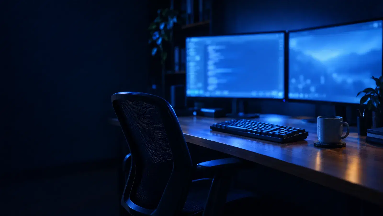 A desk at night lit by two blue monitors