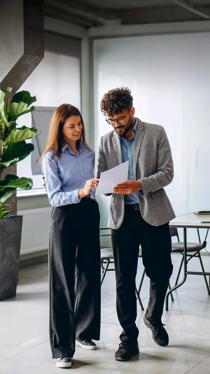 Two colleagues walking through a document in the office