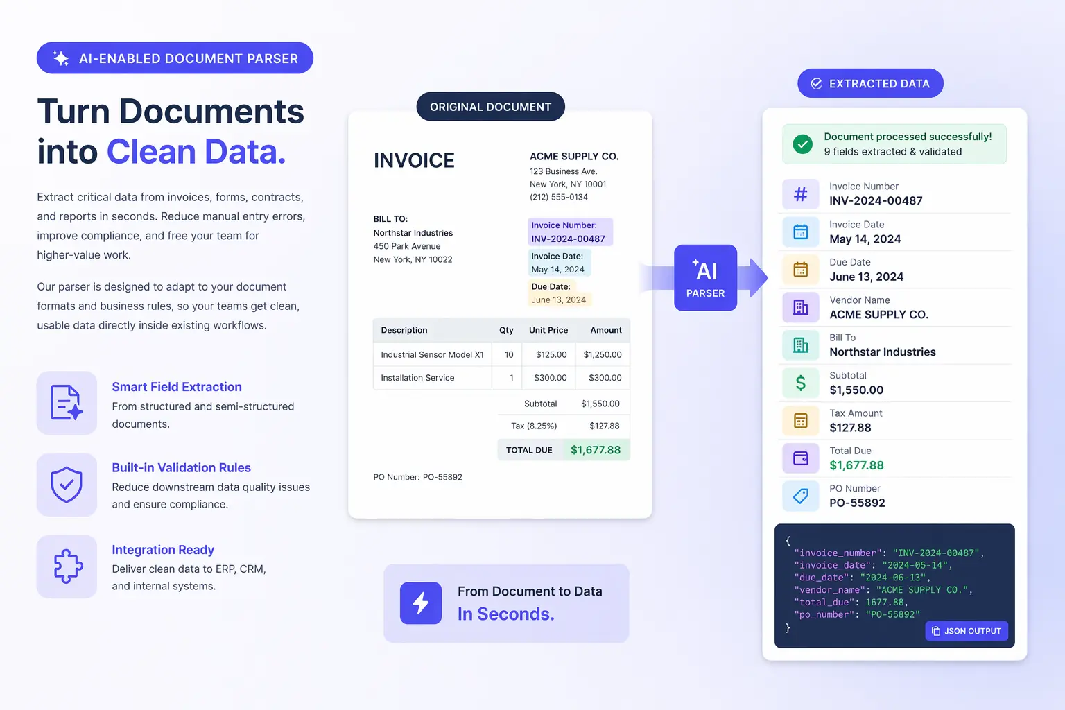 AI-enabled document parser extracting data from business documents