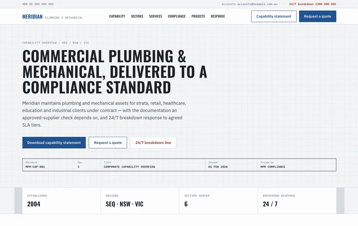 Meridian Plumbing & Mechanical website homepage